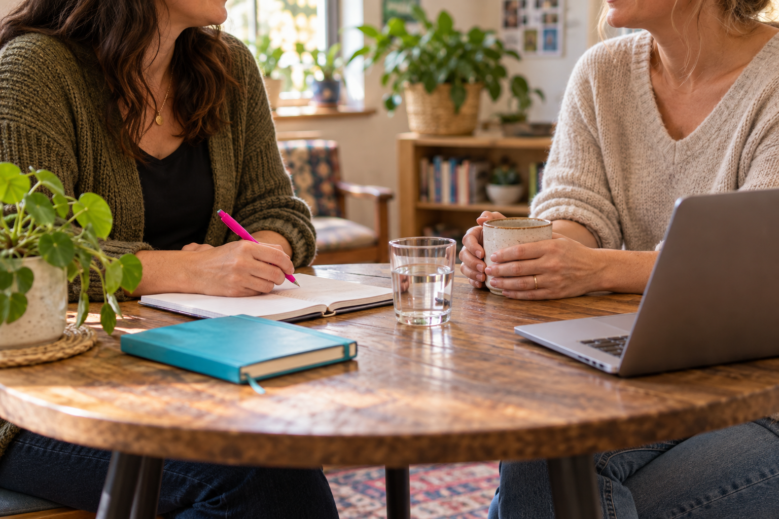 Illustrative scene of two women talking at a table, one writing in a notebook and the other holding a mug, with their faces mostly outside the frame.